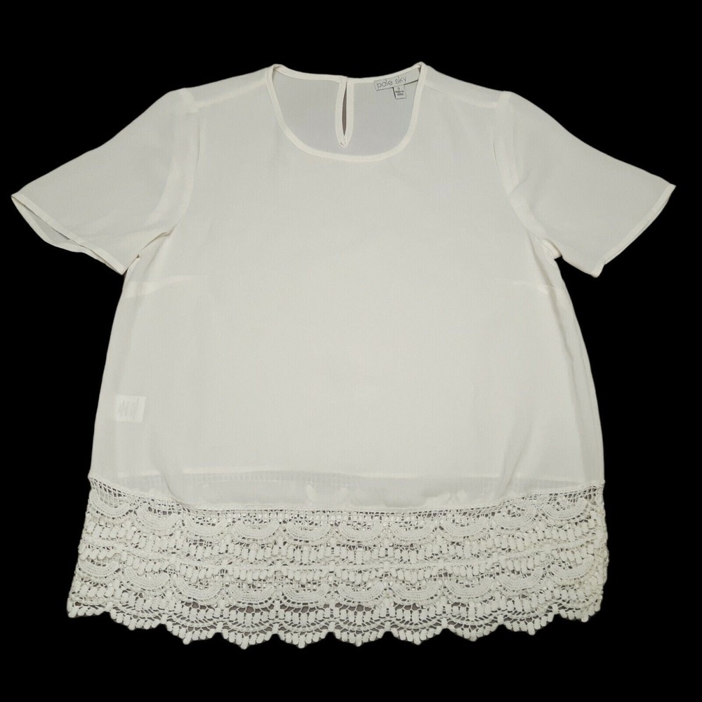 Pale‎ Sky Top Womens Small Ivory Sheer Unlined Short Sleeve Keyhole Lace Trim
